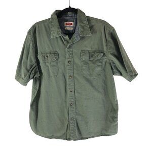 Wrangler Mens L Flex for Comfort Button Up Work Shirt Short Sleeve Khaki Green